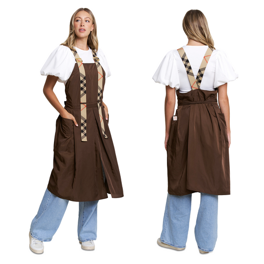 Apron for Nail Techs, Hairstylists, Barbers, Artists - 360 Full Coverage with Elastic Straps Brown